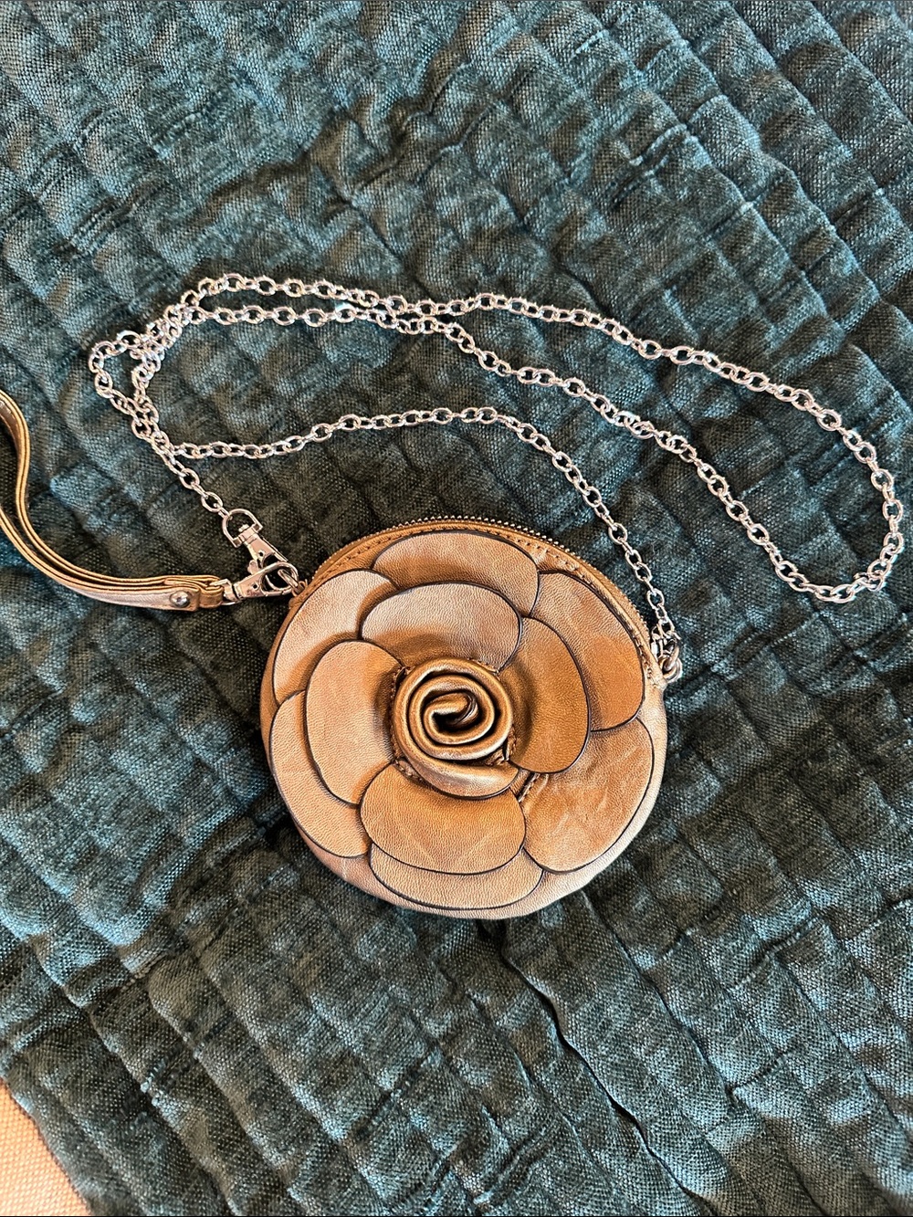 Round Floral Mini Crossbody Bag in Metallic Bronze